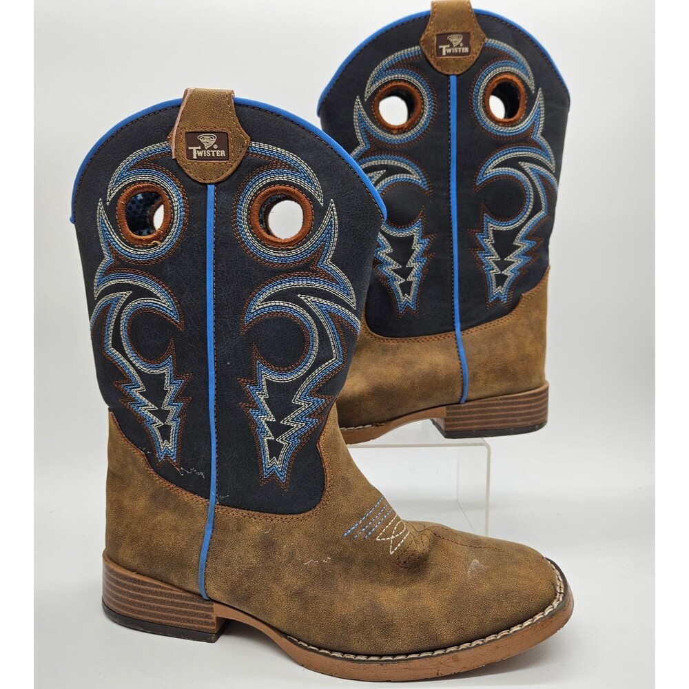 Twister Kids' Size 3 Square-Toe Brown & Blue Cowboy Western Boots Toddler